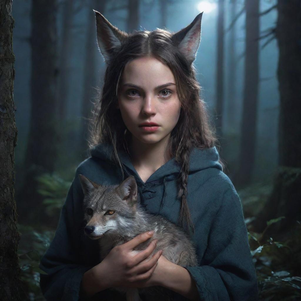 Fantasy portrayal of a girl with wolfish features such as sharp claws, ears, and glowing eyes, sequestered in a moonlit, magical forest.