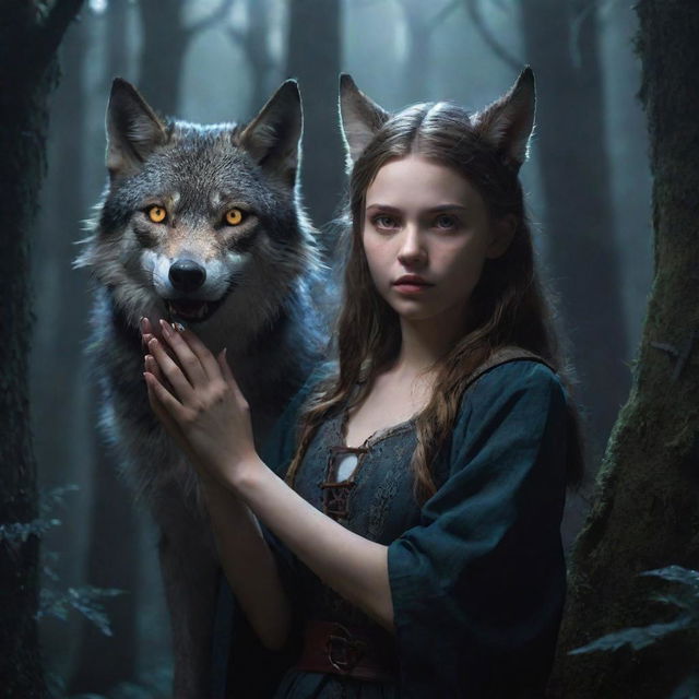 Fantasy portrayal of a girl with wolfish features such as sharp claws, ears, and glowing eyes, sequestered in a moonlit, magical forest.