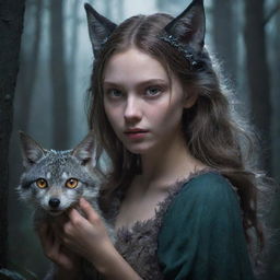 Fantasy portrayal of a girl with wolfish features such as sharp claws, ears, and glowing eyes, sequestered in a moonlit, magical forest.