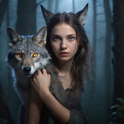 Fantasy portrayal of a girl with wolfish features such as sharp claws, ears, and glowing eyes, sequestered in a moonlit, magical forest.