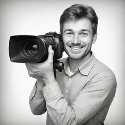 Produce a realistic hand-drawn sketch of a smiling, excited man holding a professional camera, making direct eye contact with the viewer. Use exclusively black and white color tones.