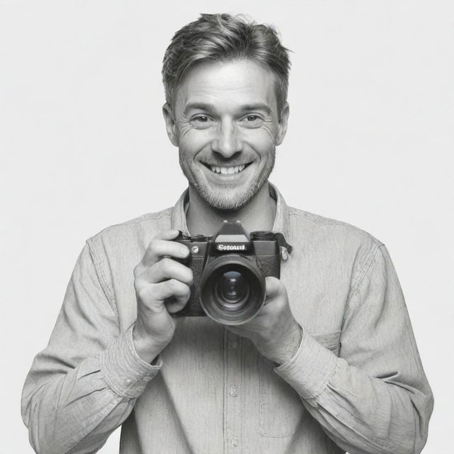 Produce a realistic hand-drawn sketch of a smiling, excited man holding a professional camera, making direct eye contact with the viewer. Use exclusively black and white color tones.