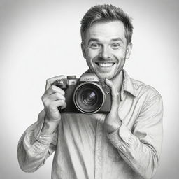 Produce a realistic hand-drawn sketch of a smiling, excited man holding a professional camera, making direct eye contact with the viewer. Use exclusively black and white color tones.