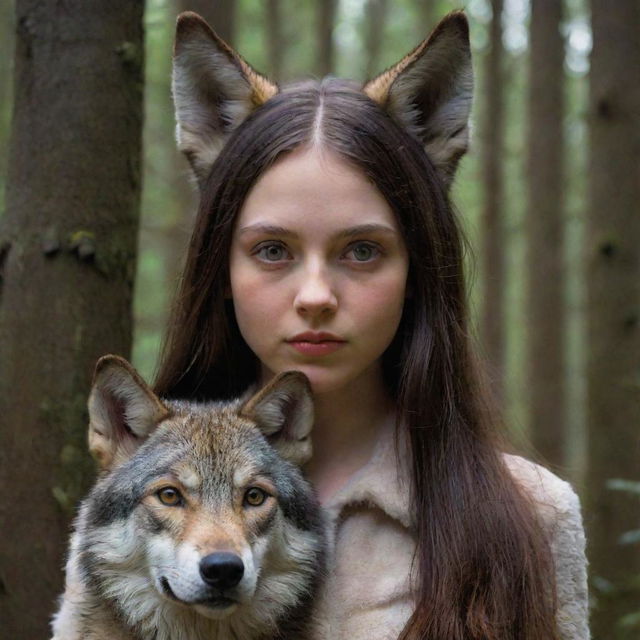 A mystical depiction of a girl with wolf-like features such as pointed ears, bright eyes, and slick fur, set against the backdrop of a densely wooded forest.