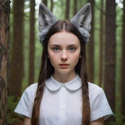 A mystical depiction of a girl with wolf-like features such as pointed ears, bright eyes, and slick fur, set against the backdrop of a densely wooded forest.