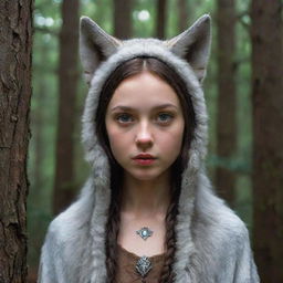 A mystical depiction of a girl with wolf-like features such as pointed ears, bright eyes, and slick fur, set against the backdrop of a densely wooded forest.