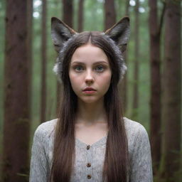 A mystical depiction of a girl with wolf-like features such as pointed ears, bright eyes, and slick fur, set against the backdrop of a densely wooded forest.