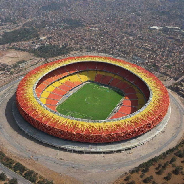 Design a striking stadium in Ethiopia, inspired by the colors and patterns of the Ethiopian national football team's kit.