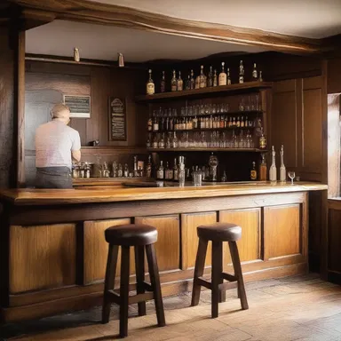 The rustic pub had a beautiful wooden bar, handcrafted by a local carpenter, with brass taps that were expertly operated by the tapper.