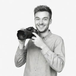 Produce a realistic hand-drawn sketch of a smiling, excited man holding a professional camera and making direct eye contact with the viewer in black and white color tones.