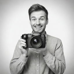 Produce a realistic hand-drawn sketch of a smiling, excited man holding a professional camera and making direct eye contact with the viewer in black and white color tones.