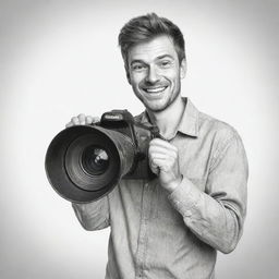 Produce a realistic hand-drawn sketch of a smiling, excited man holding a professional camera and making direct eye contact with the viewer in black and white color tones.