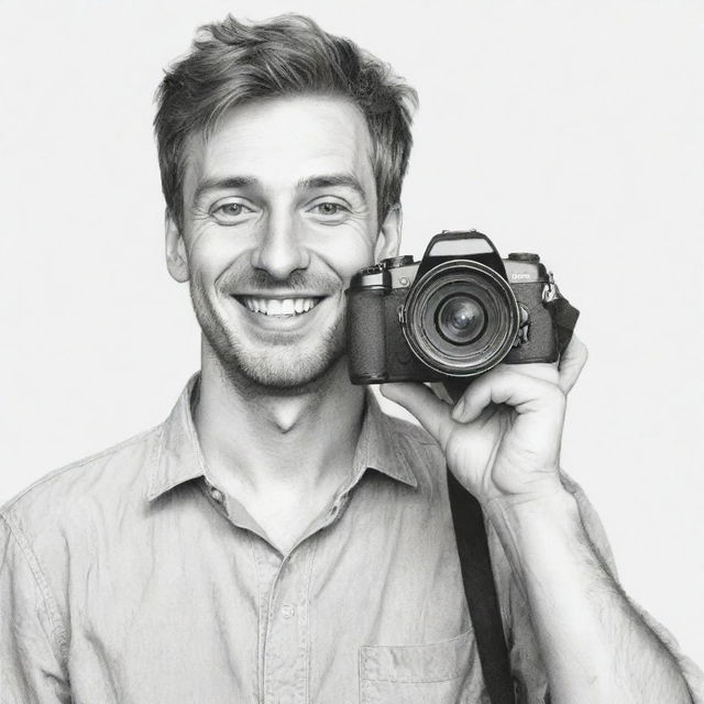 Produce a realistic hand-drawn sketch of a smiling, excited man holding a professional camera and making direct eye contact with the viewer in black and white color tones.