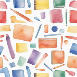 Watercolor-style depictions of school or stationary supplies individually portrayed against a white background.