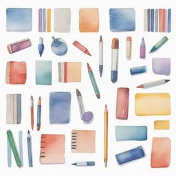 Watercolor-style depictions of school or stationary supplies individually portrayed against a white background.