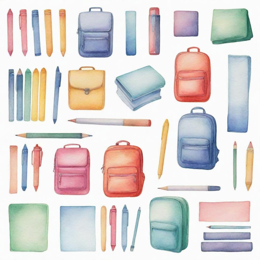 Watercolor-style depictions of school or stationary supplies individually portrayed against a white background.