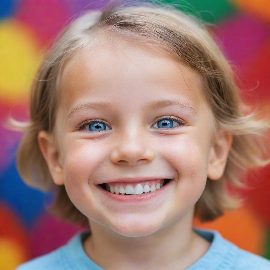 A portrait of a smiling youthful child with sparkling eyes, surrounded by vibrant colors