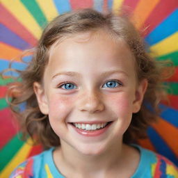 A portrait of a smiling youthful child with sparkling eyes, surrounded by vibrant colors