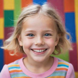 A portrait of a smiling youthful child with sparkling eyes, surrounded by vibrant colors