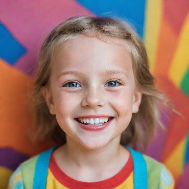 A portrait of a smiling youthful child with sparkling eyes, surrounded by vibrant colors