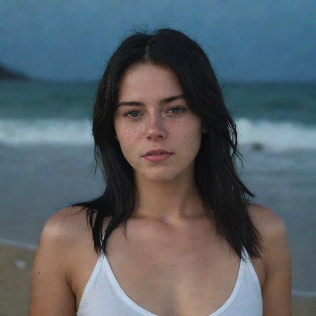 Capture a casual, raw-style 4K HD, medium-distance shot of a 23-year-old female with a medium body build, green eyes, freckles, and long black hair with white streaks in the bangs. She's in casual clothes, relaxing at night on a Brazilian beach.