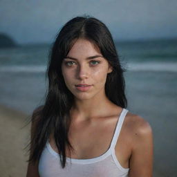 Capture a casual, raw-style 4K HD, medium-distance shot of a 23-year-old female with a medium body build, green eyes, freckles, and long black hair with white streaks in the bangs. She's in casual clothes, relaxing at night on a Brazilian beach.