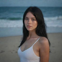 Capture a casual, raw-style 4K HD, medium-distance shot of a 23-year-old female with a medium body build, green eyes, freckles, and long black hair with white streaks in the bangs. She's in casual clothes, relaxing at night on a Brazilian beach.