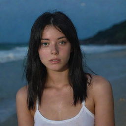 Capture a casual, raw-style 4K HD, medium-distance shot of a 23-year-old female with a medium body build, green eyes, freckles, and long black hair with white streaks in the bangs. She's in casual clothes, relaxing at night on a Brazilian beach.