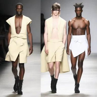 The designer transposed the traditional gender roles by having male models wear dresses on the runway.