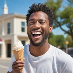 A detailed image of a joyful man delightfully enjoying a creamy ice cream on a sunny day.