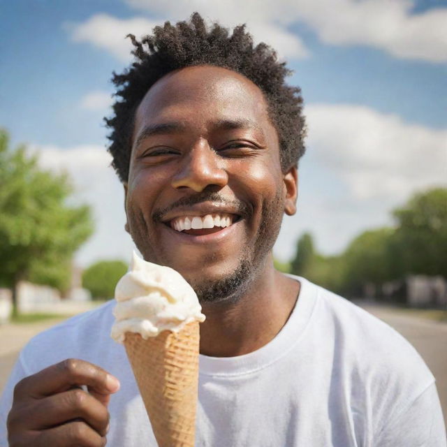 A detailed image of a joyful man delightfully enjoying a creamy ice cream on a sunny day.