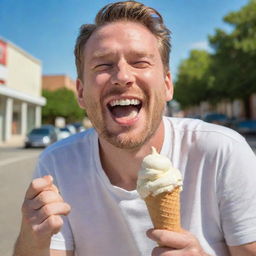 A detailed image of a joyful man delightfully enjoying a creamy ice cream on a sunny day.