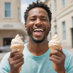 A detailed image of a joyful man delightfully enjoying a creamy ice cream on a sunny day.