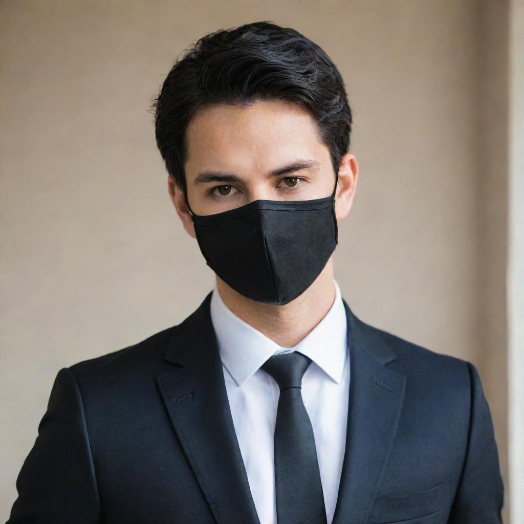 A handsome young man wearing a mask, with black hair, dressed in a suit.