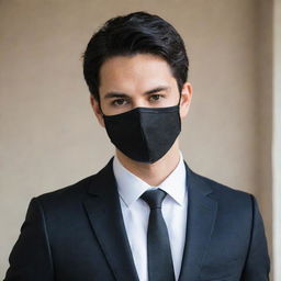 A handsome young man wearing a mask, with black hair, dressed in a suit.