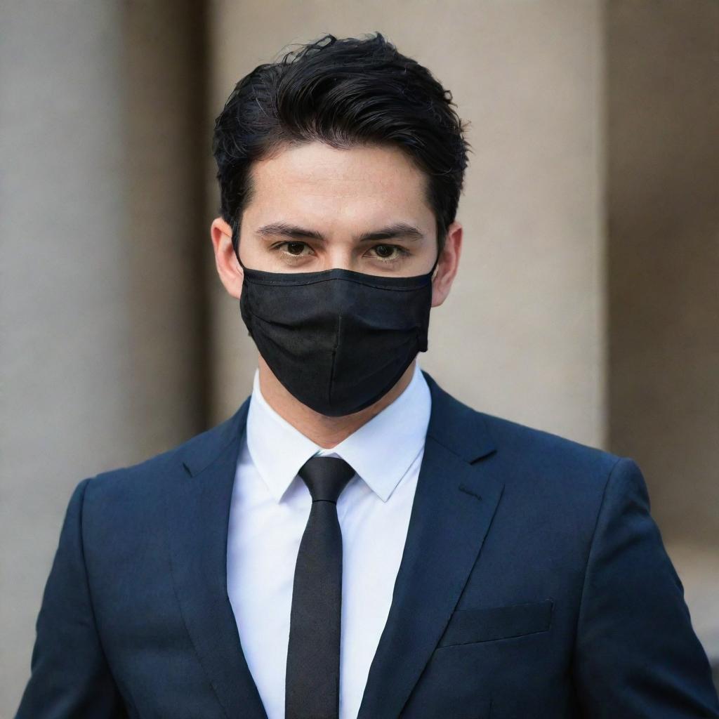 A handsome young man wearing a mask, with black hair, dressed in a suit.