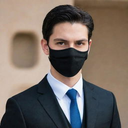 A handsome young man wearing a mask, with black hair, dressed in a suit.