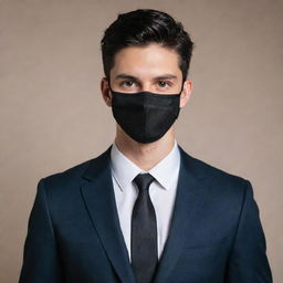 A handsome young man wearing a mask, with black hair, dressed in a suit.