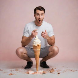 Transform the image to portray the man experiencing a surprising moment as his ice cream falls from the cone onto the floor.