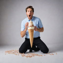 Transform the image to portray the man experiencing a surprising moment as his ice cream falls from the cone onto the floor.