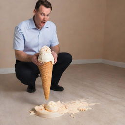 Transform the image to portray the man experiencing a surprising moment as his ice cream falls from the cone onto the floor.