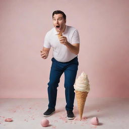 Transform the image to portray the man experiencing a surprising moment as his ice cream falls from the cone onto the floor.