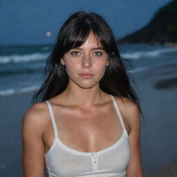 Capture a casual, raw-style 4K HD, medium-distance shot of a 23-year-old female with a medium body build, green eyes, freckles, and long black hair with white streaks in the bangs. She's in casual clothes, relaxing at night on a Brazilian beach.