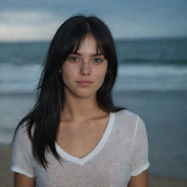 Capture a casual, raw-style 4K HD, medium-distance shot of a 23-year-old female with a medium body build, green eyes, freckles, and long black hair with white streaks in the bangs. She's in casual clothes, relaxing at night on a Brazilian beach.