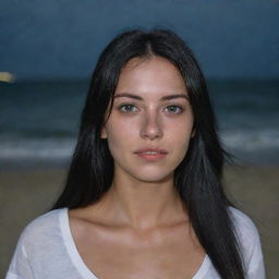 Capture a casual, raw-style 4K HD, medium-distance shot of a 23-year-old female with a medium body build, green eyes, freckles, and long black hair with white streaks in the bangs. She's in casual clothes, relaxing at night on a Brazilian beach.