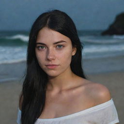 Capture a casual, raw-style 4K HD, medium-distance shot of a 23-year-old female with a medium body build, green eyes, freckles, and long black hair with white streaks in the bangs. She's in casual clothes, relaxing at night on a Brazilian beach.