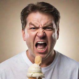 Modify the image to show the man displaying an intense level of anger, almost indescribable, due to his fallen ice cream.