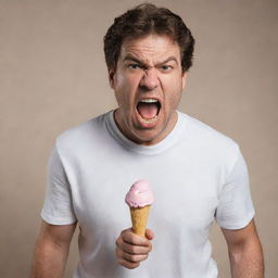 Modify the image to show the man displaying an intense level of anger, almost indescribable, due to his fallen ice cream.