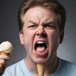 Modify the image to show the man displaying an intense level of anger, almost indescribable, due to his fallen ice cream.