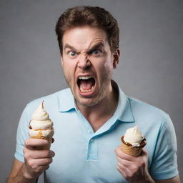 Modify the image to show the man displaying an intense level of anger, almost indescribable, due to his fallen ice cream.